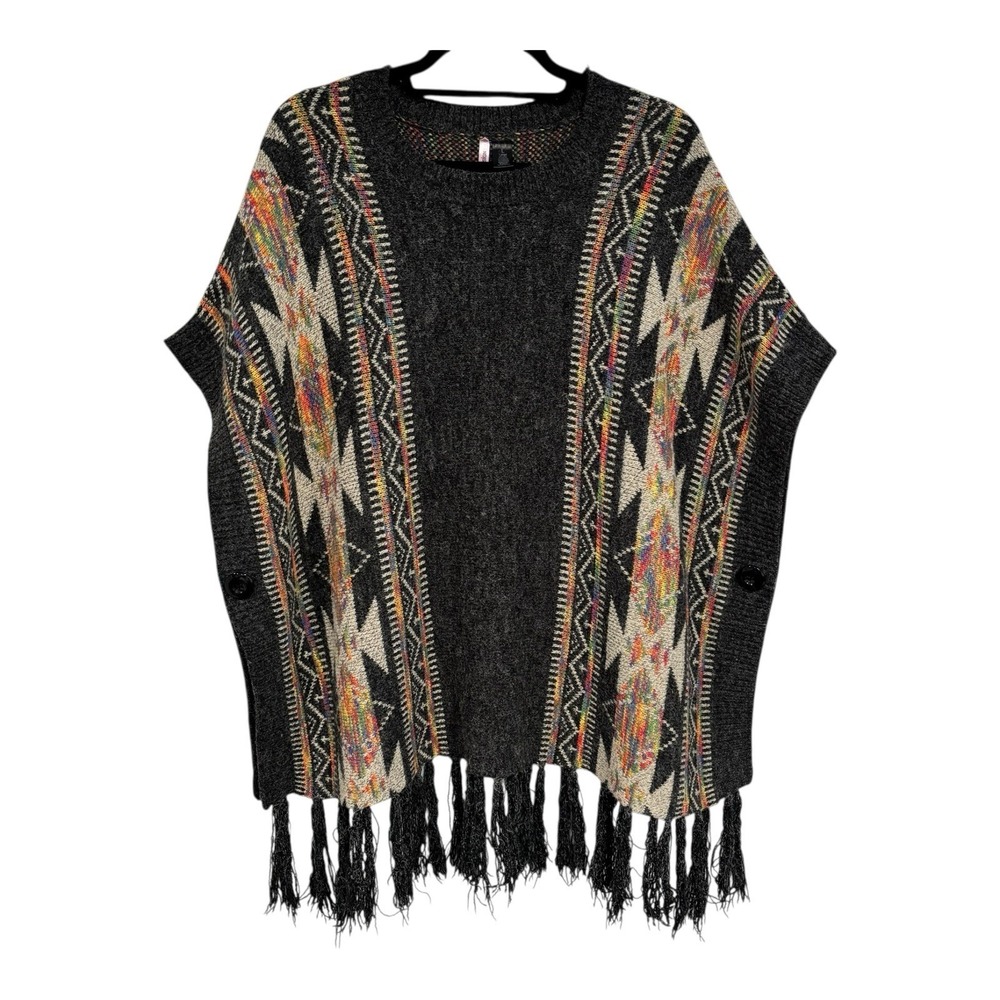 Love‎ by Design Knit Poncho Charcoal Gray Women's Large Aztec Bohemian Fringed